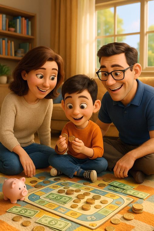 Família brincando com dinheiro e jogo de tabuleiro