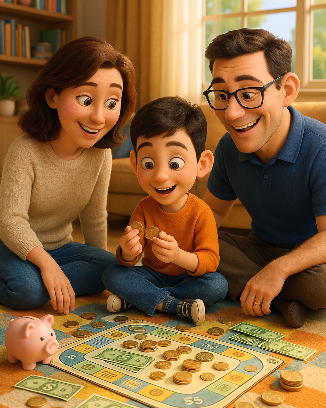 Família brincando com dinheiro e jogo de tabuleiro